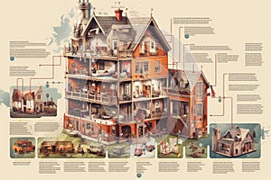 Detailed Infographic of House Building Full Details Anatomy extreme closeup. Generative AI