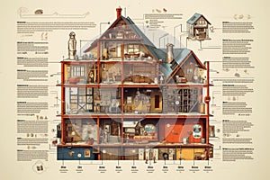 Detailed Infographic of House Building Full Details Anatomy extreme closeup. Generative AI