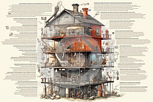 Detailed Infographic of House Building Full Details Anatomy extreme closeup. Generative AI