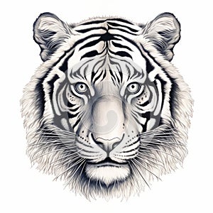 Detailed Ink Illustration Of A White Tiger Face On White Background
