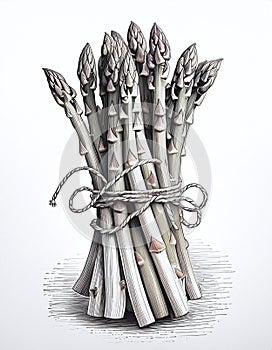 A detailed ink sketch of a bundle of asparagus tied with twine. Generative AI photo