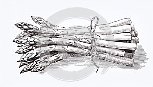 A detailed ink sketch of a bundle of asparagus tied with twine. Generative AI photo
