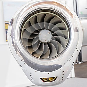 detailed insigh tturbine blades of an aircraft jet engine, business jet engine close up high detailed view