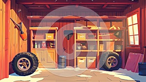 Detailed interior of a garage or workshop with repair tools and car tyres. Modern illustration of an empty garage, shed