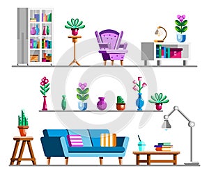 Detailed Interior set. Living room clipart bookshelves and bookcase, cozy armchair, flower stand, lamp, coffee table