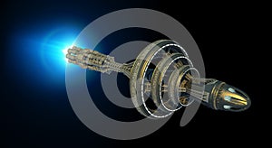 Detailed interstellar spaceship with afterburner isolated on black