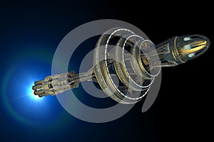 Detailed interstellar spaceship with afterburner isolated on black photo