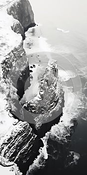 Detailed And Intricate Black And White Aerial View Photography Of Karst And Water At A Rocky Beach