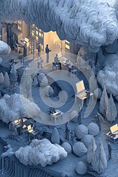 Isometric illustration depicting collaborative work in a cloud computing environment