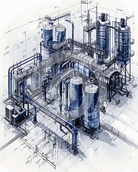 Detailed Isometric Illustration of Industrial Chemical Plant with Processing Towers and Pipework