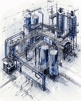 Detailed Isometric Illustration of Industrial Chemical Plant with Processing Towers and Pipework photo