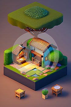 detailed isometric straw bale house,big coffee glass,farm, rabbit,fish pond,bush,1 floor,pixel art, unreal engine voxel rendering,