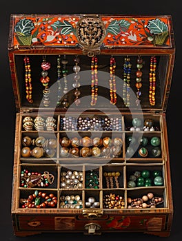 A detailed jewelry box displaying a collection of multicolored beads and intricate jewelry.