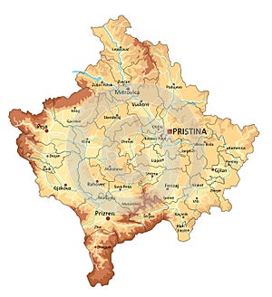 Detailed Kosovo physical map with labeling.