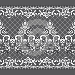 Seamless lace vector pattern - retro weddin style, ornamental repetitive design with flowers and swirls in white on gray backgroun