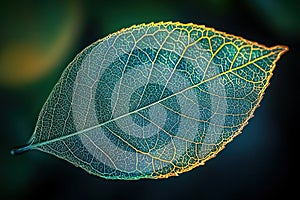 Intricate Leaf Skeleton: Teal and Gold Veins