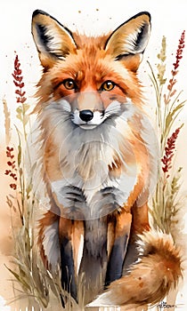 Detailed and lifelike fox portrait, watercolor backdrop. Artistic expressions. AI Illustration.