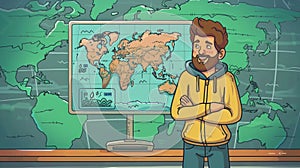 Detailed line art modern illustration of a meteorology report and a forecast. A male character stands at the screen with