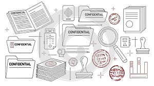 Confidential Document and Data Security Line Icons Set