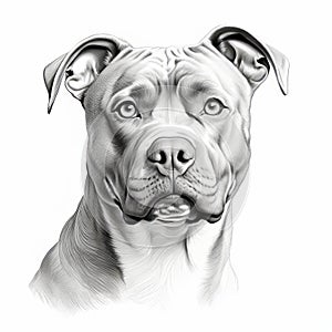 Detailed Line Drawing Of Pit Bull Dog On White Background