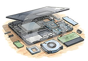 Technical Drawing of a Disassembled Laptop Computer