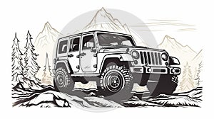 Detailed Line-work Illustration Of Jeep In Ink Etching Style