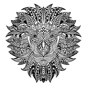 Detailed Lion in aztec style. Patterned head on background. African indian totem tattoo design. Vector