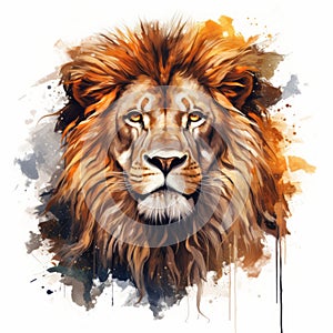 Detailed Lion Head Illustration On Watercolor Paint Splatter