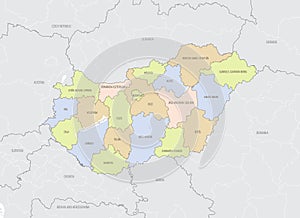 Detailed location map of Hungary in Europe with administrative divisions of the country, vector illustration