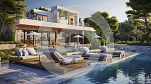 A Detailed Look at a Modern Luxury Villa with a Grand Terrace, Sparkling Swimming Pool, Sumptuous Sofa, and Deluxe Lounge Chairs