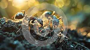 Detailed macro capture of ants devouring a deceased ant in the peaceful forest environment photo