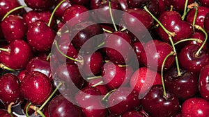 Detailed macro of delicious fresh ripe red cherries, food background