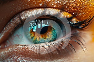 Detailed macro of a human eye with sharp focus, emphasizing the vivid iris and delicate eyelashes