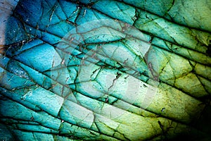 Detailed Macro Photo of a Colorful Blue and Green Labradorite Stone.