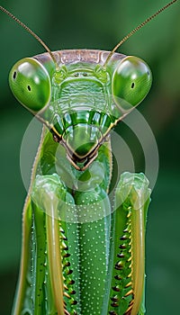 Detailed macro photograph highlighting the intricate features of a praying mantis