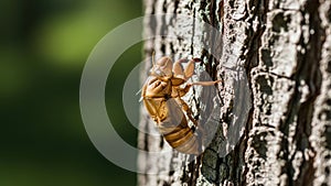 Cicada shell on a tree trunk.