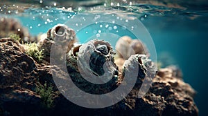 A close-up view of barnacles clinging to a rock beneath the water's surface. Generated Ai