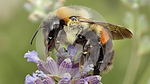 A detailed macro shot of a bee on a lavender flower, showcasing its fuzzy body and delicate wings amidst the flora