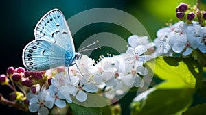 Detailed Macro Shot Of Blue Butterfly On Blossoms