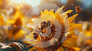 Detailed macro shot bumblebee with intricate wings in vivid sunset, high res ansel adams style