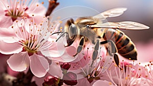 Detailed macro shot of a bumblebee pollinating flowers. Pollinator Support Safeguards Global Agricultural Production.