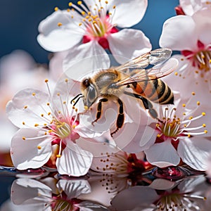 Detailed macro shot of a bumblebee pollinating flowers. Pollinator Support Safeguards Global Agricultural Production.