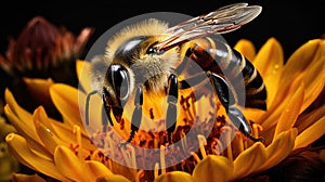 Detailed macro shot of a bumblebee pollinating flowers. Pollinator Support Safeguards Global Agricultural Production.