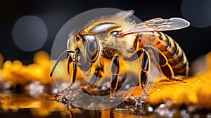 Detailed macro shot of a bumblebee pollinating flowers. Pollinator Support Safeguards Global Agricultural Production.