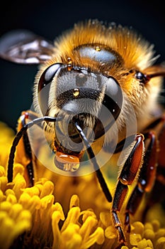 Detailed macro shot of a bumblebee pollinating flowers. Pollinator Support Safeguards Global Agricultural Production.