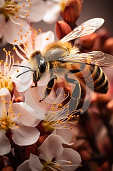 Detailed macro shot of a bumblebee pollinating flowers. Pollinator Support Safeguards Global Agricultural Production.