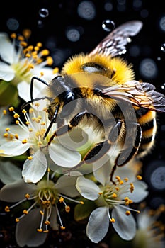 Detailed macro shot of a bumblebee pollinating flowers. Pollinator Support Safeguards Global Agricultural Production.