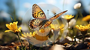 Detailed macro shot of a butterfly pollinating flowers. Pollinator Support Safeguards Global Agricultural Production.