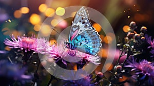 Detailed macro shot of a butterfly pollinating flowers. Pollinator Support Safeguards Global Agricultural Production.