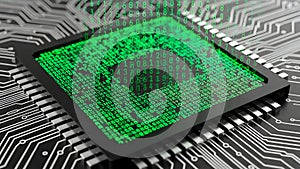 Futuristic CPU with Glowing Digital Code on Circuit Board